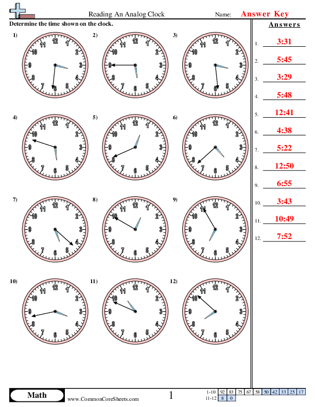  - Reading a Clock (1 Minute Increments) worksheet